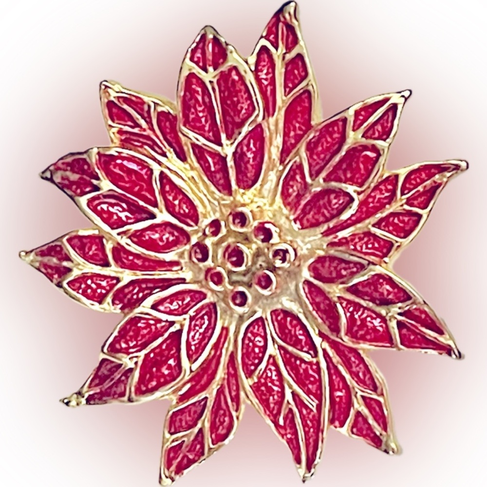 Vintage Red Enamel Poinsettia Goldtone Brooch Pin